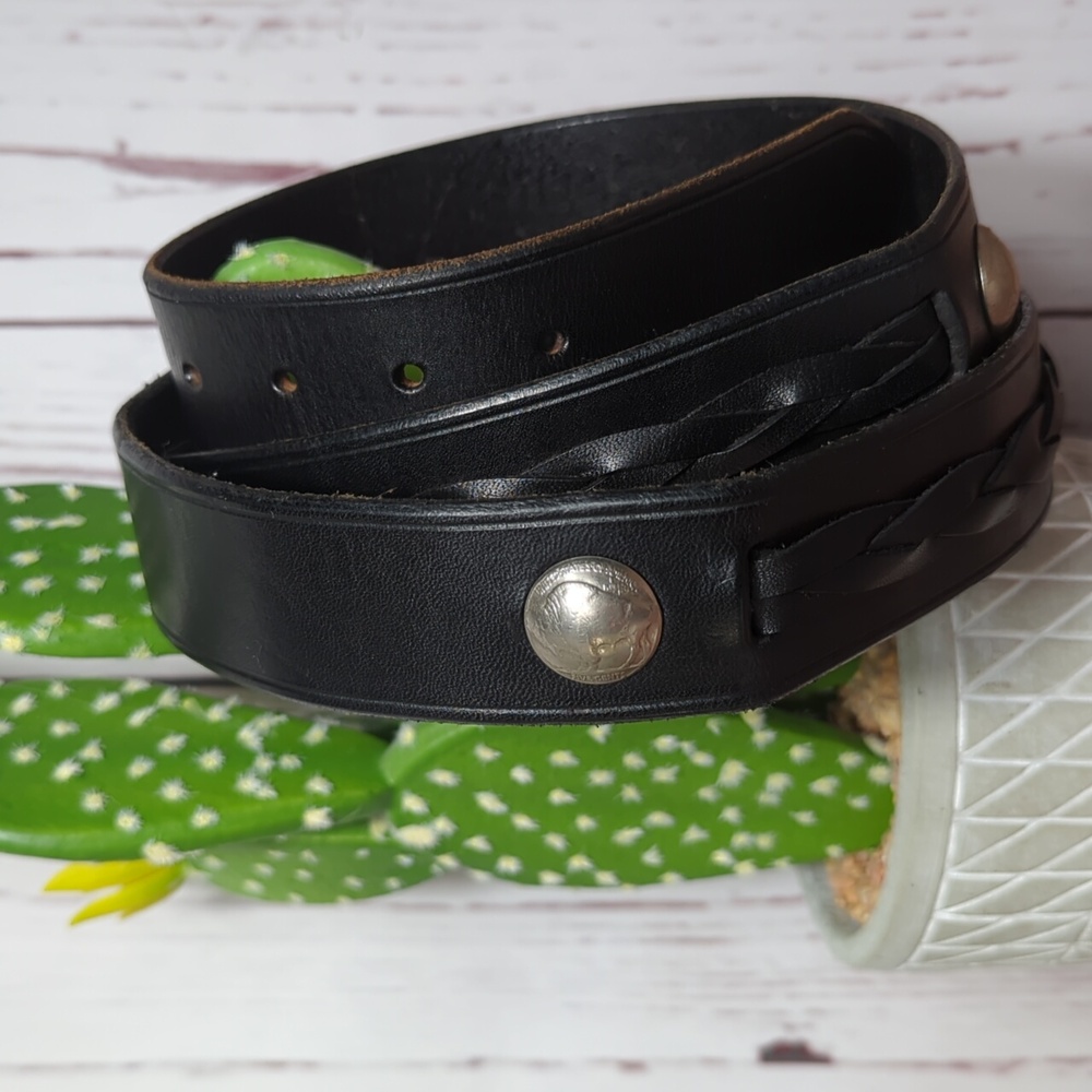 Vintage Full Grain Black Leather Belt with Buffalo Nickel Conchos Southwest 46